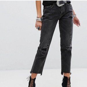 One Teaspoon High Waist Awesome Baggies Black Distressed Frayed Ripped Jeans 27